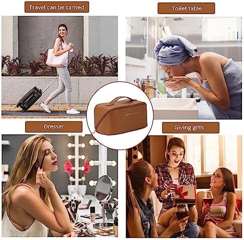 کیف لوازم آرایش مسافرتی 3 عدد کیف لوازم آرایشی قابل حمل زنانه با ظرفیت بالا مجموعه کیف سازمان دهنده کیف آرایشی تخت باز ست 3 عدد کیف آرایشی ضد آب چرم PU با تقسیم کننده و دسته (قهوه ای) Image