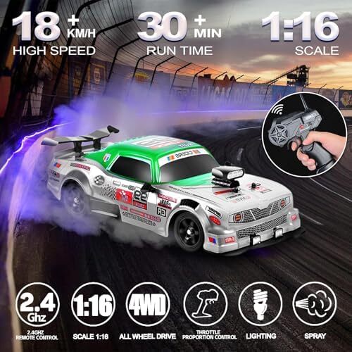 ماشین کنترل از راه دور ماشین RC Drift ماشین 1:16 مقیاس 4WD 18KM/H مدل ماشین با سرعت بالا 2.4GHz با چراغ LED اسپری لاستیک تایر مسابقه ای ماشین اسباب بازی اسپرت برای بزرگسالان پسر دختر هدیه بچه ها 2 عدد باتری قابل شارژ Image