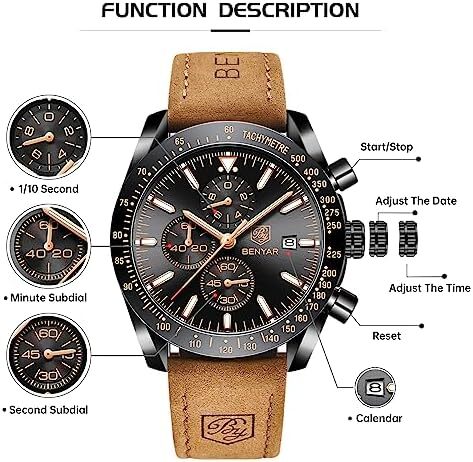 ساعت مچی مردانه BY BENYAR ساعت چند کاره کرونوگراف تاریخ کوارتز مردانه استیل ضد زنگ مشکی/بند چرم قهوه ای آنالوگ ساعت مچی هدیه برای مردان مشاغل معمولی Image