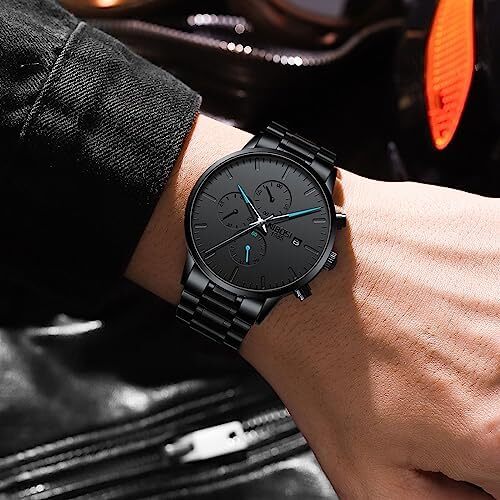 ساعت‌های مردانه NIBOSI ساعت‌های مینیمالیستی آنالوگ مشکی ساعت‌های مردانه تجاری کرنوگراف ساعت‌های مچی معمولی نظامی ساعت‌های مچی استیل ضد زنگ تاریخ Image