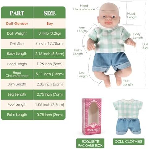 Vollence 7 اینچ Micro Preemie Full Body Silicone Baby Doll Boy Lifelike Mini Reborn Doll Surprice Children Anti-Stress, Ned painted Image