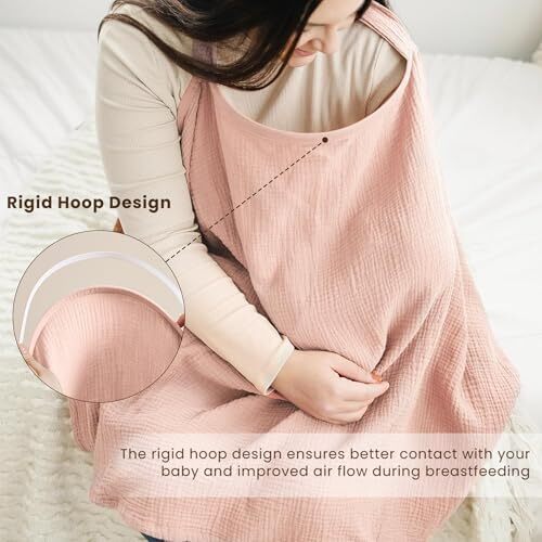 Konssy Muslin Nursing Cover for Baby Breastfeeding, Breathable 100% Cotton Breastfeeding Cover with Rigid Hoop for Mother Nursing Apron, Multi-use Carseat Canopy (Pink) Image