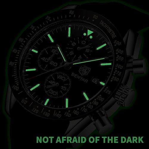 ساعت مچی مردانه BY BENYAR ساعت چند کاره کرونوگراف تاریخ کوارتز مردانه استیل ضد زنگ مشکی/بند چرم قهوه ای آنالوگ ساعت مچی هدیه برای مردان مشاغل معمولی Image