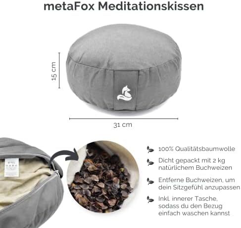 کوسن مدیتیشن metaFox - بالش مدیتیشن راحت برای تمرین مدیتیشن طولانی و به عنوان کوسن یوگا - بالش کف کوسن مدیتیشن ساخته شده از پوسته گندم سیاه (گرگ خاکستری) Image