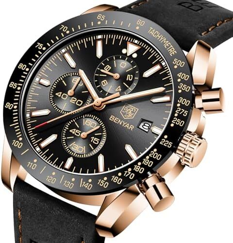 ساعت مچی مردانه BY BENYAR با قابلیت ضد آب تا 100 متر، کرنوگراف، تاریخ‌سنج، بند چرم قهوه‌ای، حرکت کوارتز، ساعت آنالوگ، هدیه‌ای مناسب برای مردان Image