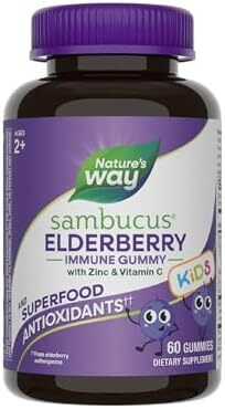 قرص های ژله ای Sambucus Elderberry برای کودکان از Nature's Way، قرص های پشتیبانی از سیستم ایمنی*، با ویتامین C و روی، طعم توت خوشمزه، 60 عدد