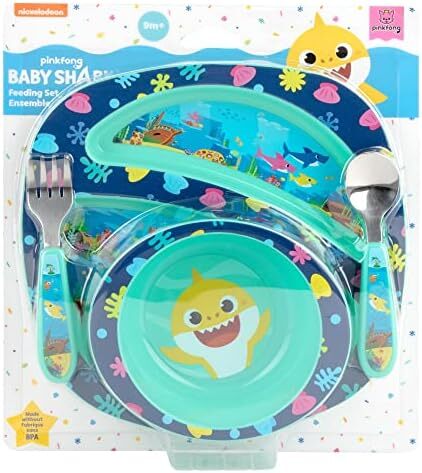 The First Years Baby Shark 4-Piece Toddler Mealtime Feeding Set with Dishwasher Safe Bowl, Plate, Fork & Spoon Image