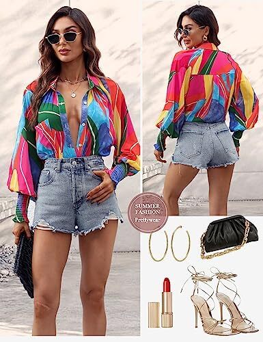 Prettywear زنانه دکمه دار پیراهن فانوس بلند پیراهن آستین بلند سایز بلوز گاه به گاه تاپ چکیده چاپ شده Image