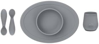 مجموعه کوچک ez pz Ezpz (خاکستری) - فنجان، قاشق و کاسه سیلیکونی ۱۰۰٪ با زیرپایه داخلی برای غذاهای اولیه + تغذیه خودرهبری نوزاد + پوره‌ها - طراحی شده توسط یک متخصص تغذیه کودکان - مناسب برای ۴ ماه به بالا Image