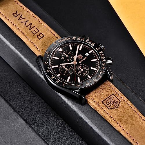 ساعت مچی مردانه BY BENYAR ساعت چند کاره کرونوگراف تاریخ کوارتز مردانه استیل ضد زنگ مشکی/بند چرم قهوه ای آنالوگ ساعت مچی هدیه برای مردان مشاغل معمولی Image