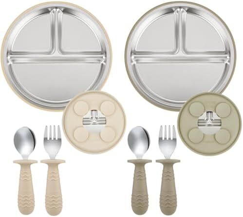 پک ۲ عددی بشقاب‌های مکش استیل ضد زنگ پاندا ایر و پک ۲ عددی قاشق و چنگال، ست ظروف کودک، بشقاب‌های تقسیم شده برای تغذیه خودرهبری نوزاد، بدون BPA (قهوه‌ای/گردویی)
