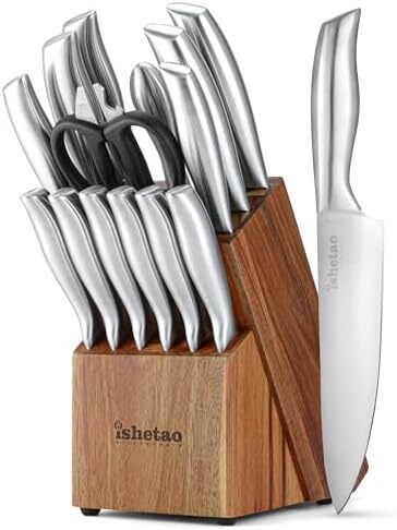 ست مجموعه چاقوهای isheTao برای آشپزخانه با بلوک، مجموعه چاقو ۱۵ تکه آشپزخانه، مجموعه چاقوهای سرآشپز فوق‌العاده تیز برای آشپزخانه، مجموعه چاقو با بلوک استیل ضد زنگ کربن بالا با تیزکن، نقره‌ای