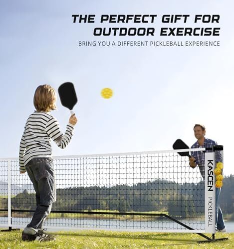 توری قابل حمل KASCEN Pickleball با چرخ - 22FT USAPA سایز تنظیمی توری Pickleball برای Driveway با نگهدارنده توپ، 4 Pickleball، کیف حمل برای فضای بیرونی سیاه سفید Image