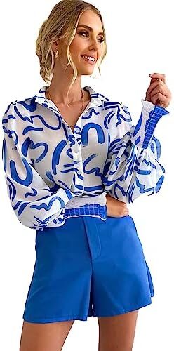 Prettywear زنانه دکمه دار پیراهن فانوس بلند پیراهن آستین بلند سایز بلوز گاه به گاه تاپ چکیده چاپ شده Image
