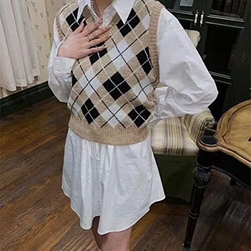 جلیقه ژاکت بافتنی Hyipels Argyle زنانه Y2K لباس بافتنی چهارخانه مدل لباس بافتنی Preppy Style V یقه تاپ تانک دخترانه Image