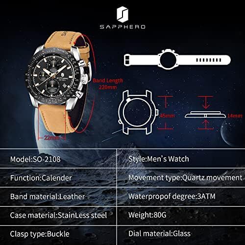 ساعت مچی مردانه BY BENYAR ساعت چند کاره کرونوگراف تاریخ کوارتز مردانه استیل ضد زنگ مشکی/بند چرم قهوه ای آنالوگ ساعت مچی هدیه برای مردان مشاغل معمولی Image