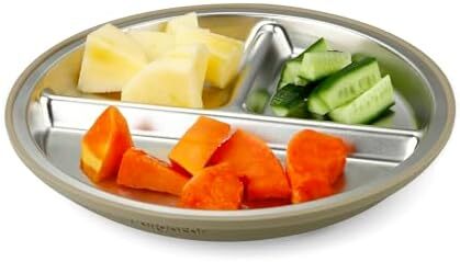 پک ۲ عددی بشقاب‌های مکش استیل ضد زنگ پاندا ایر و پک ۲ عددی قاشق و چنگال، ست ظروف کودک، بشقاب‌های تقسیم شده برای تغذیه خودرهبری نوزاد، بدون BPA (قهوه‌ای/گردویی) Image