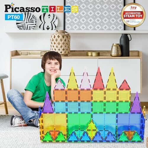 PicassoTiles 60 Piece Piece Magnet Tiles Building Clear Magnetic 3D Building Blocks Playboards - خلاقیت فراتر از تصور، الهام بخش، تفریحی، آموزشی، متعارف 60 Image