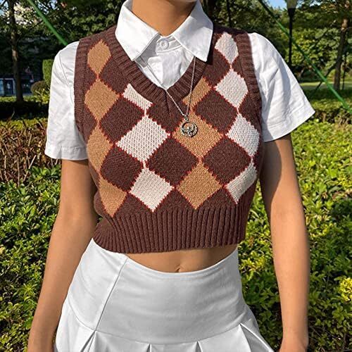 جلیقه ژاکت بافتنی Hyipels Argyle زنانه Y2K لباس بافتنی چهارخانه مدل لباس بافتنی Preppy Style V یقه تاپ تانک دخترانه Image