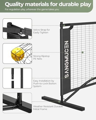 توری پیکلبال SANGMUCEN، ست توری پیکلبال با سایز تنظیمی 22 FT و شبکه نیمه زمین 11 FT، توری قابل حمل Pickleball برای زمین درایو، قاب فلزی مقاوم در برابر آب و هوا، توری پلی اتیلن قوی Image