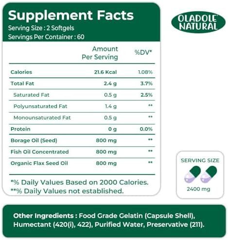 مکمل طبیعی امگا 3-6-9 اولادوله - 2400 میلی‌گرم (120 کپسول نرم) تقطیر مولکولی | بهبود سلامت قلب، عملکرد شناختی و حمایت از مفاصل | فرمول اسیدهای چرب ضروری | بدون گلوتن، غیرتراریخته Image
