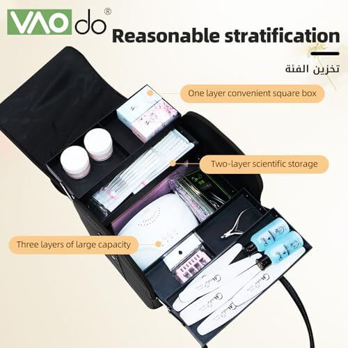 کیف آرایش VAODO، کیف آرایش بزرگ، کیف مسافرتی برس آرایشی PU چهار لایه، با بند شانه، جعبه نگهداری لوازم آرایش ضد آب با ظرفیت بالا