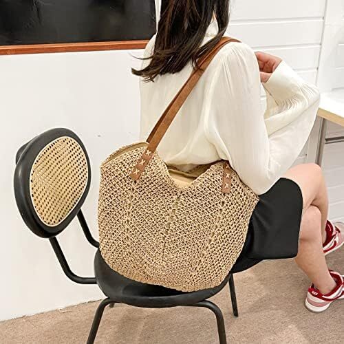 کیف دستی حصیری با ظرفیت بزرگ Aktudy، کیف دستی شانه ای توخالی برای زنان کیف ساحلی مسافرتی تابستانی Image