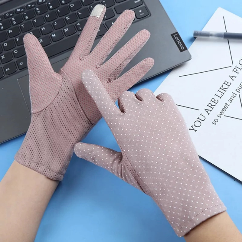 دستکش های زنانه نخی ضد آفتاب،طرح توپ توپی،سبک،تنفسی و محافظ در برابر اشعه uv،مناسب برای رانندگی،پیاده روی،رنگ یاسی Image