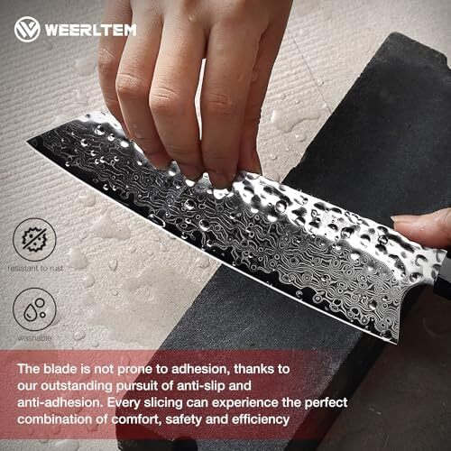 چاقوی سرآشپز WEERLTEM دمشق، ۸ اینچ چاقوی حرفه‌ای فولاد دمشقی VG10 ژاپنی کیریتسکه، چاقوی آشپزخانه فوق‌العاده تیز با ۶۷ لایه فولاد دمشقی دست‌ساز و دسته چوبی اَبنوس هشت‌گوش و جعبه هدیه Image