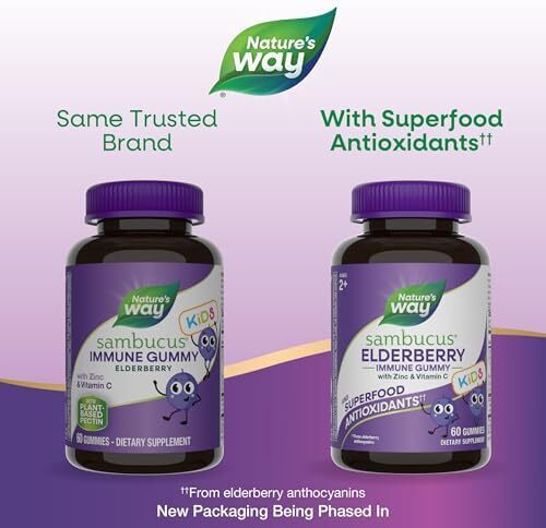 قرص های ژله ای Sambucus Elderberry برای کودکان از Nature's Way، قرص های پشتیبانی از سیستم ایمنی*، با ویتامین C و روی، طعم توت خوشمزه، 60 عدد