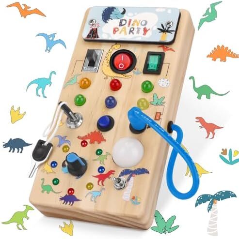 Hoarosall Dinosaur Busy Board with 8 LED Light switches, Toddler Montessori Busy Board, Light Switch Toys Sensory Toys Montessori Toys for 1+ Year Old Baby,Toddler,boy, Blue Image