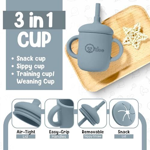 ست ۱۷ تکه لوازم تغذیه برای نوزادان O'doe، ست تغذیه نوزاد | کاسه سیلیکونی مکشی برای خودخوری با تغذیه کننده میوه، لیوان، پیشبند، و کیت بشقاب غذا با درب | (آبی، V2) Image