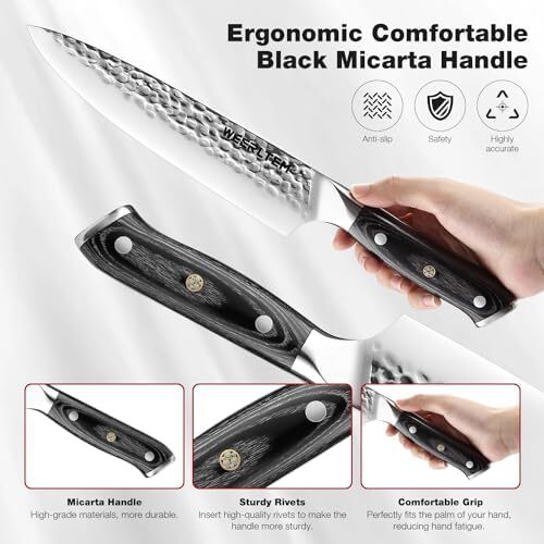 چاقوی سرآشپز WEERLTEM، چاقوی حرفه‌ای 8 اینچی با دست‌کوبی، چاقوی آشپزخانه ژاپنی با فولاد ضد زنگ کربن بالا و دسته میکارتا مشکی و جعبه هدیه. Image