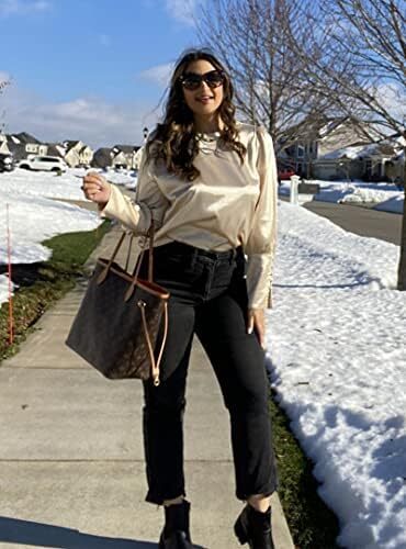 بلوز ساتن زنانه شیگانت پیراهن ابریشمی آستین بلند یقه خدمه تاپ تونیک کاری تجاری Image