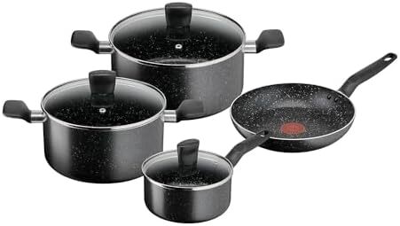 ست ظروف پخت TEFAL | ست پخت ۷ تکه سنگی تیره | نچسب | قابلمه‌ها ۲۲/۲۴ سانتی‌متر + درب‌ها | ماهیتابه ۱۶ سانتی‌متر | تابه سرخ‌کردنی ۲۴ سانتی‌متر | آلومینیوم | ۲ سال گارانتی | B491S785