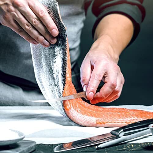 چاقوی سرآشپز فیله‌کردن ماهی ۳۲ سانتی‌متری استیل ضد زنگ - چاقوی استخوان‌زنی با دسته ارگونومیک و غلاف محافظ - چاقوی کوچک و انعطاف‌پذیر برای پوست‌کنی و برش ماهی یا گوشت Image