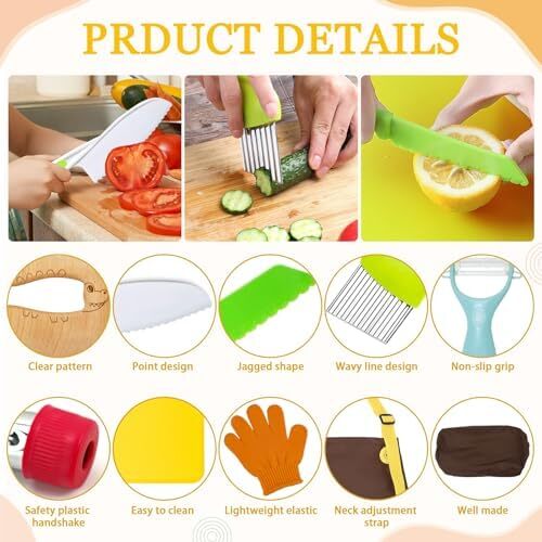 RISICULIS 14 Pieces toddler knife, Kids Knife Set Include Wood Kids Safe Knife, Plastic Toddler Knife, Cutting Board, Apron, Y Peeler, Crinkle Cutter, Kitchen Sleeves Covers, Gloves, Sandwich Cutter Image