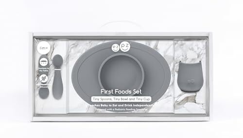 مجموعه کوچک ez pz Ezpz (خاکستری) - فنجان، قاشق و کاسه سیلیکونی ۱۰۰٪ با زیرپایه داخلی برای غذاهای اولیه + تغذیه خودرهبری نوزاد + پوره‌ها - طراحی شده توسط یک متخصص تغذیه کودکان - مناسب برای ۴ ماه به بالا Image