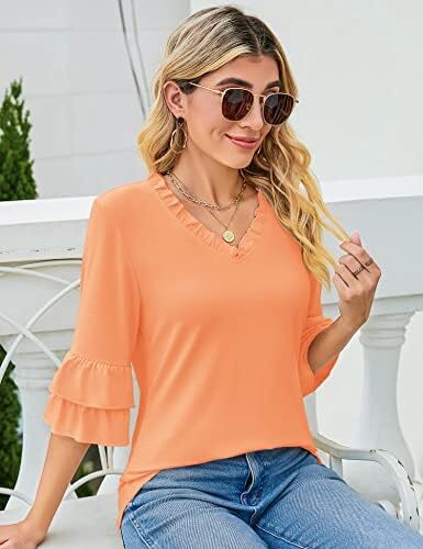 TFSDOD زنانه یقه V یقه 3/4 تاپ آستین زنگ دار یقه یقه دار پیراهن آستین دار یقه دار بلوزهای گشاد تابستانی تابستانی Image