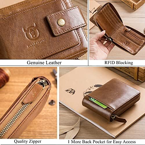 کیف پول مردانه RFID چرم اصل BULLCAPTAIN با ظرفیت بزرگ کارت شناسایی با جیب سکه زیپ QB-231، قهوه ای، کوچک، مینیمالیستی Image