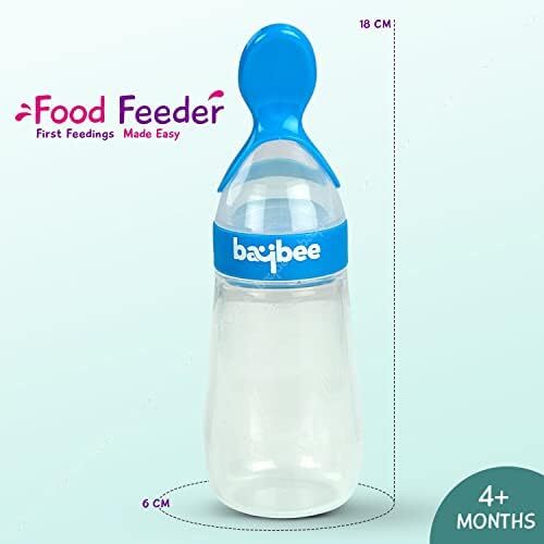 پخش‌کننده غذای سیلیکونی بی‌بی، بطری فشاری ضد کولیک و بدون BPA با قاشق برای غذای نیمه‌جامد نوزادان | پخش‌کننده غذای نوزاد برای نوزادان ۳ ماه به بالا (آبی) Image