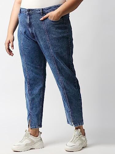 شلوار جین برش خورده با سایز بزرگ زنانه High Star Women Blue Mom-Fit Acid Wash