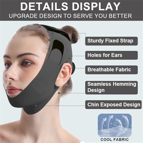 بند چانه برای خواب، نوار لیفت صورت برای چانه دوگانه برای زنان، ماسک لیفتینگ V خطی قابل استفاده مجدد، کمربند باریک کننده صورت قابل تنظیم، ورزش دهان، شکل دهنده خط فک، ضد افتادگی، مشکی M Image
