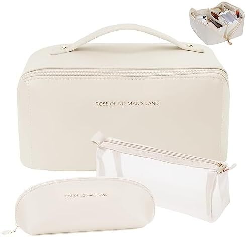 کیف آرایش مسافرتی چرمی PU zaleeta 3 عددی، ست کیف لوازم آرایش مسافرتی با ظرفیت بالا قابل حمل ضدآب، کیف لوازم آرایش زنانه، ست کیف آرایشی سازمان دهنده آرایش تخت باز با تقسیم کننده و دسته، Image