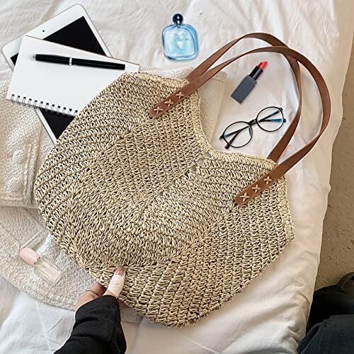 کیف دستی حصیری با ظرفیت بزرگ Aktudy، کیف دستی شانه ای توخالی برای زنان کیف ساحلی مسافرتی تابستانی Image