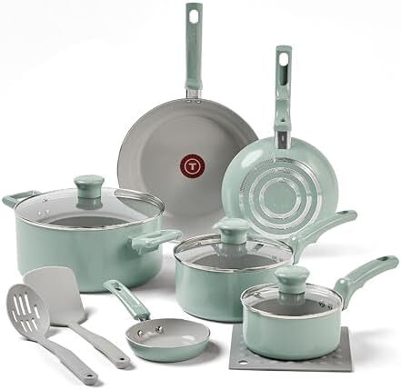 Tefal Ceramic Refresh, Ceramic Nonstick Cookware Set 12 Piece, Oven Broiler Safe 350F, Cookware, Kitchen Cooking Set w/Fry Pans, Saucepans, & Kitchen Utensils, Pots, Pans, Mint Green Image