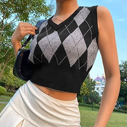 جلیقه ژاکت بافتنی Hyipels Argyle زنانه Y2K لباس بافتنی چهارخانه مدل لباس بافتنی Preppy Style V یقه تاپ تانک دخترانه Image