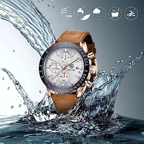 ساعت مچی مردانه BY BENYAR ساعت چند کاره کرونوگراف تاریخ کوارتز مردانه استیل ضد زنگ مشکی/بند چرم قهوه ای آنالوگ ساعت مچی هدیه برای مردان مشاغل معمولی Image