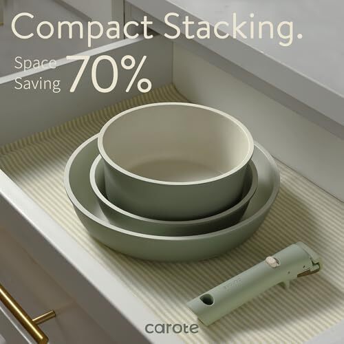 ست قابلمه و تابه CAROTE، ست ظروف نچسب با دسته جداشونده، ۱۵ تکه ست ظروف آشپزخانه القایی نچسب با دسته قابل جدا شدن، ست ظروف RV، مقاوم در برابر فر، سبز مریم گلی Image