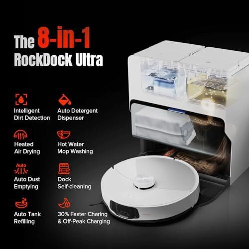 جاروبرقی رباتیک و تی سونیک roborock S8 MaxV Ultra، مکش 10000 پاسکال، تمیزکاری عمیق، خشک‌کن خودکار با هوای گرم، تخلیه و پر کردن خودکار، اجتناب از موانع